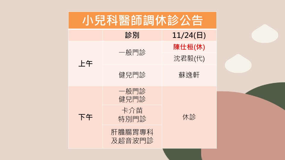 113/11/24小兒科陳仕桓醫師調休診公告