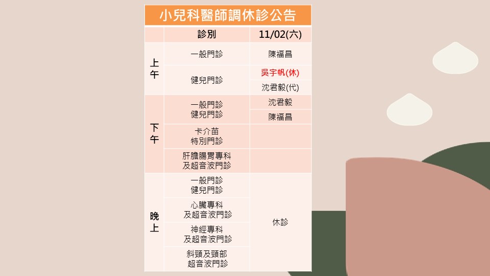 113/11/02小兒科吳宇帆醫師調休診公告