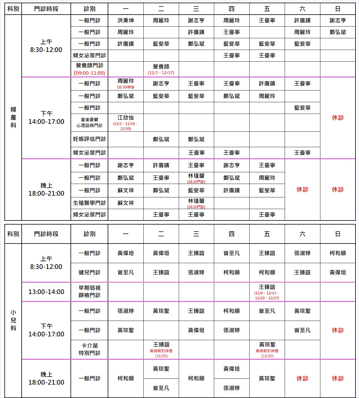 12月門診表