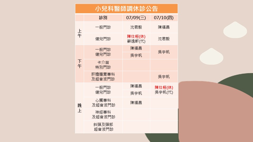 114/07/09、114/07/10小兒科陳仕桓醫師調休診公告