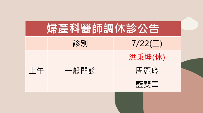 114/07/22(二)婦產科洪秉坤醫師調休診公告