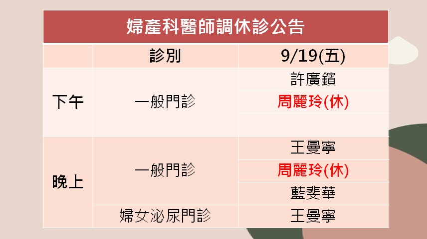 114/9/19(五)婦產科周麗玲醫師調休診公告
