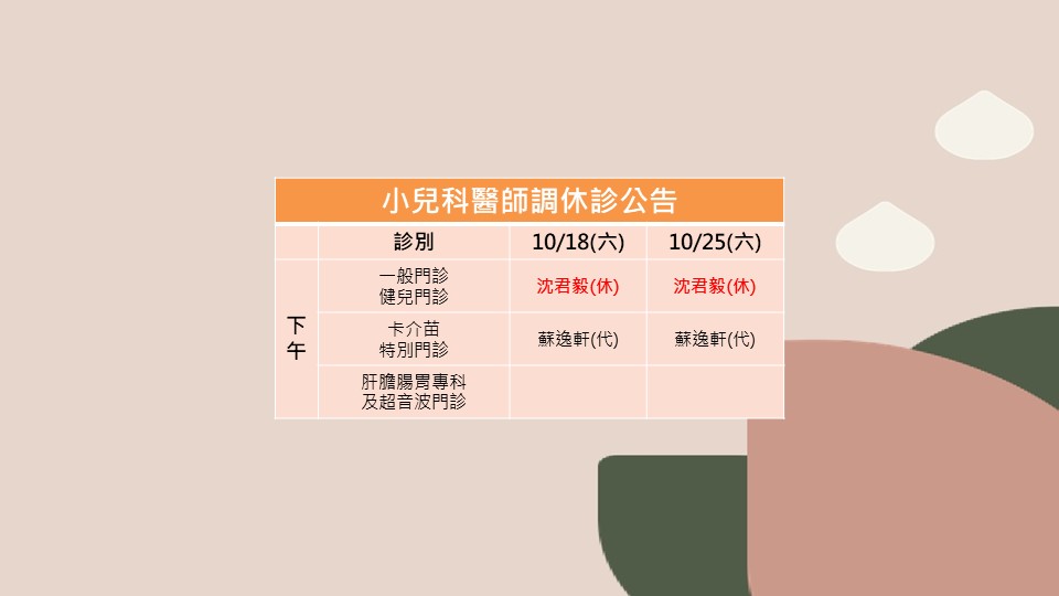 114/10/18、114/10/25小兒科沈君毅醫師調休診公告