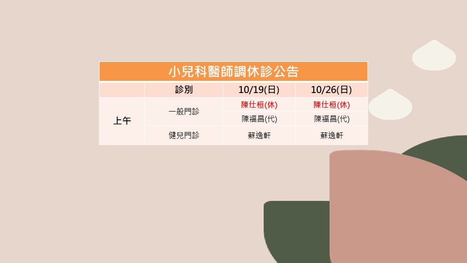 114/10/19、114/10/26小兒科陳仕桓醫師調休診公告