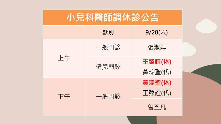 114/9/20(六)小兒科王臻誼醫師調休診公告