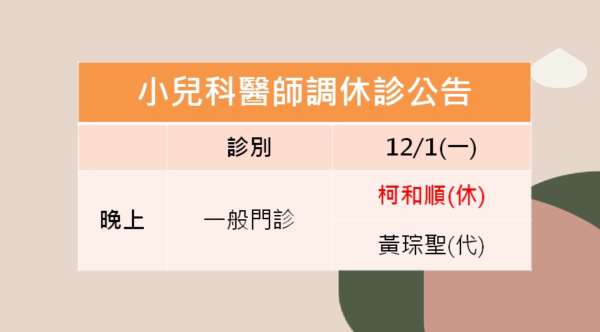 114/12/01(一)小兒科柯和順醫師調休診公告