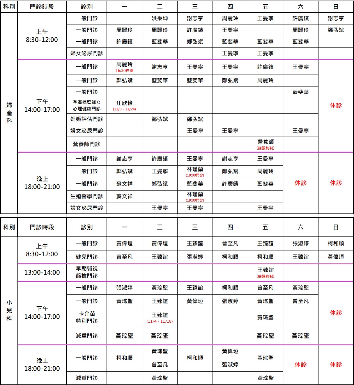 11月門診表