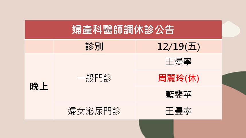 114/12/19(五)婦產科周麗玲醫師調休診公告