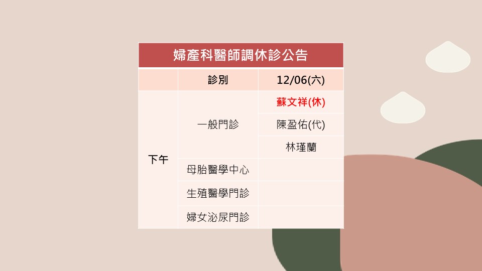 114/12/06婦產科蘇文祥醫師調休診公告