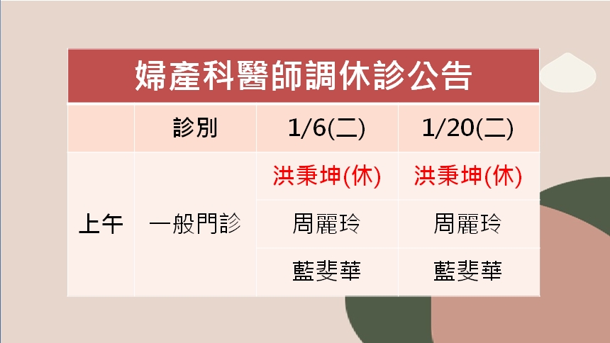 115/01/06(二)、115/01/20(二)婦產科洪秉坤醫師調休診公告