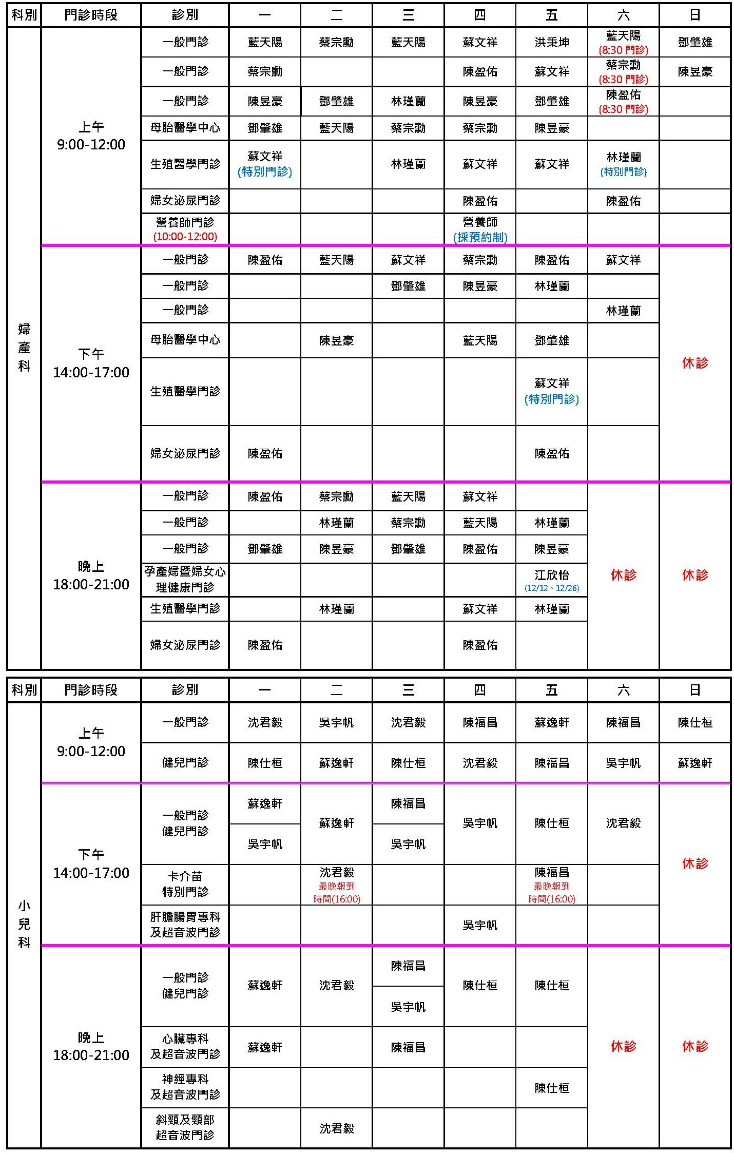 桃園秉坤12月門診表