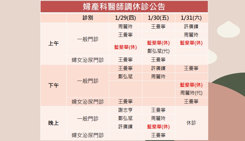 115/01/29(四)~115/01/31(六)婦產科藍斐華醫師調休診公告