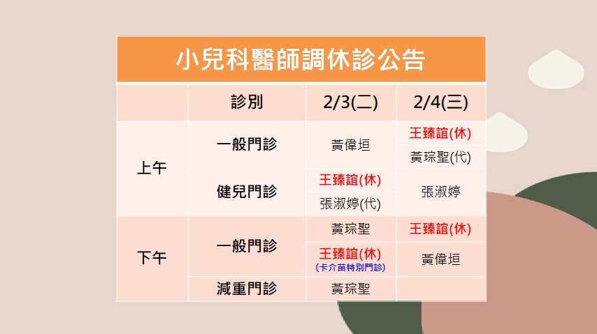 115/02/03(二)~115/02/04(三)小兒科王臻誼醫師調休診公告
