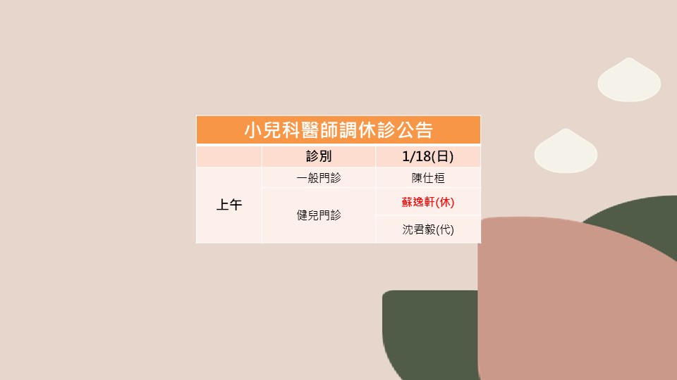115/01/18小兒科蘇逸軒醫師調休診公告