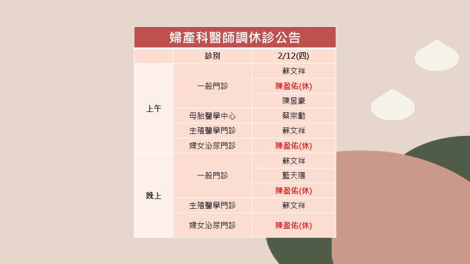 115/02/12婦產科陳盈佑醫師調休診公告