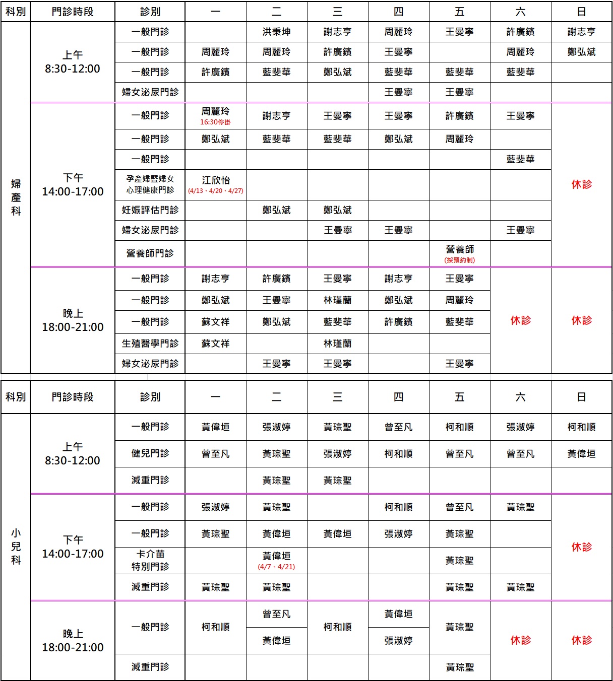 4月門診表