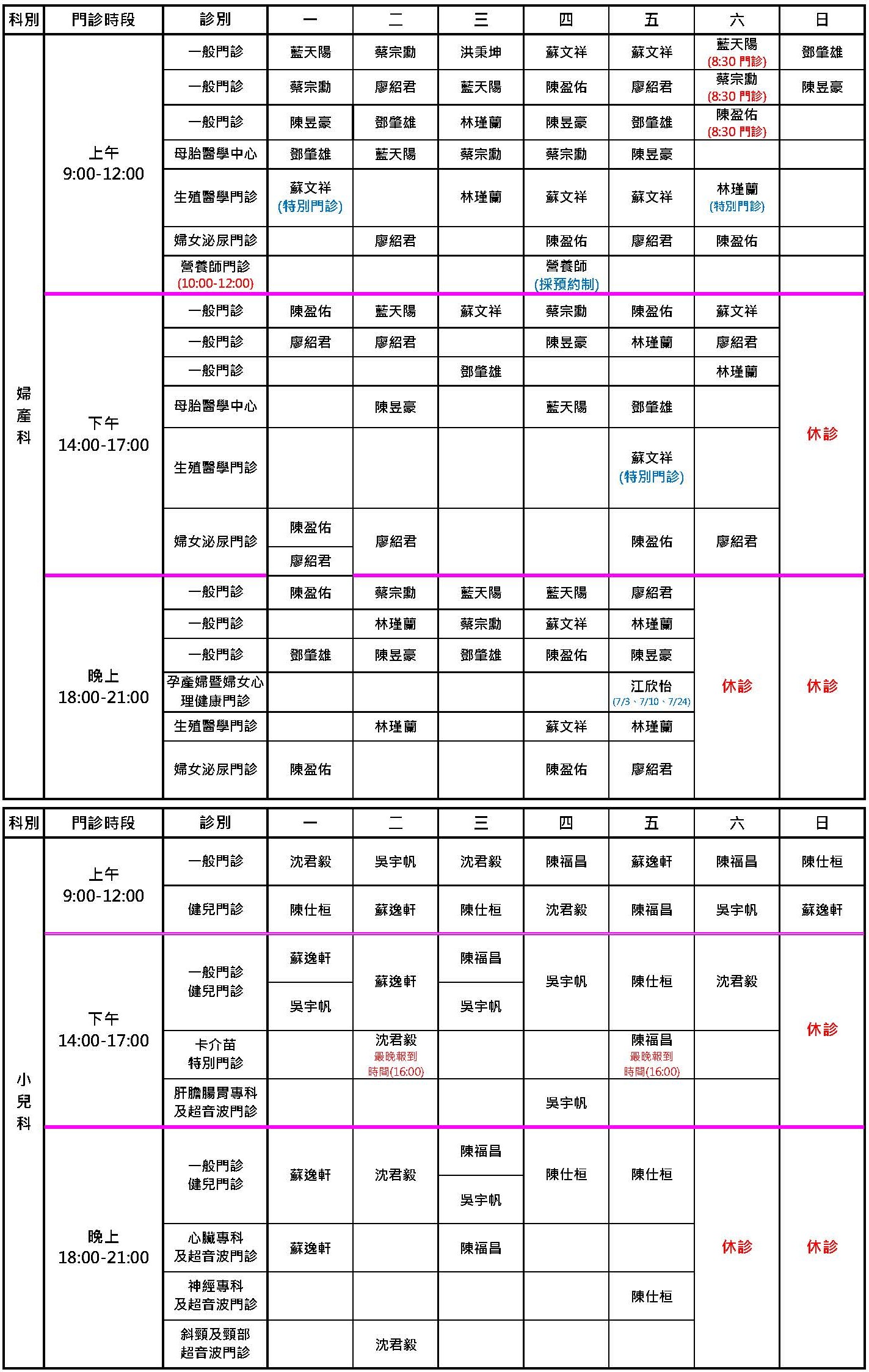桃園秉坤7/1~7/19門診表