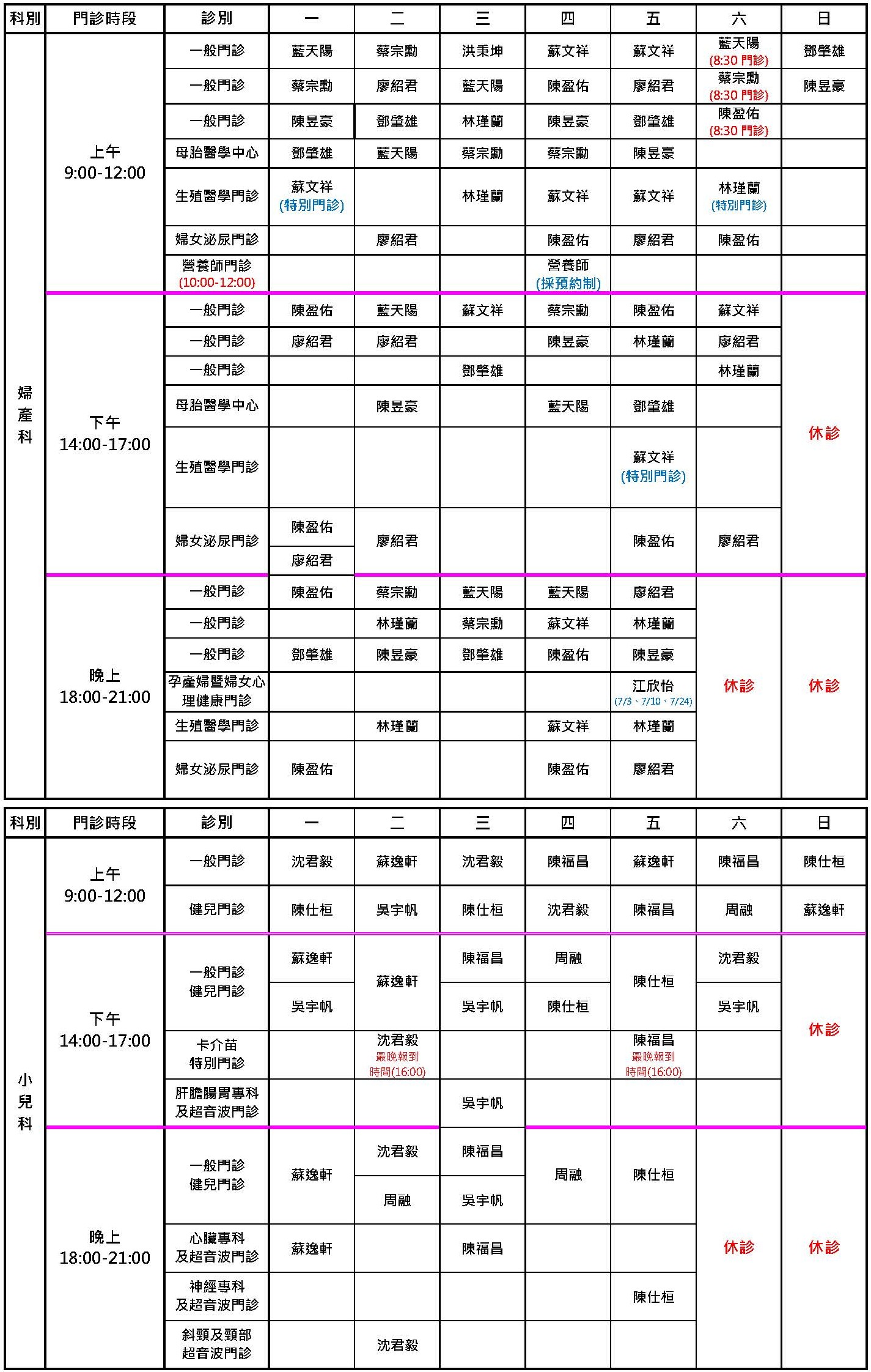 桃園秉坤7/20~7/31門診表