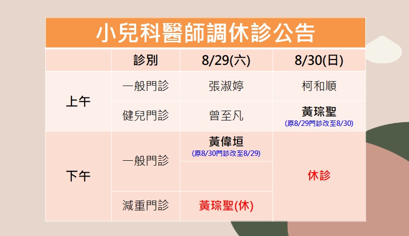 115/08/29(六)~115/08/30(日)小兒科黃琮聖醫師、黃偉垣醫師調休診公告