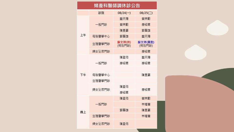 115/08/24、115/08/25婦產科蘇文祥醫師調休診公告