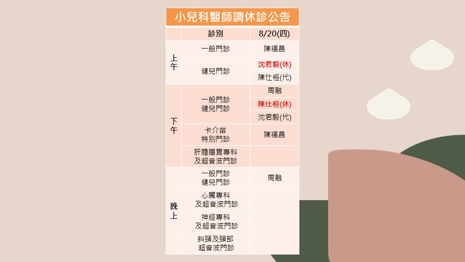 115/08/20 小兒科沈君毅、陳仕桓醫師調休診公告