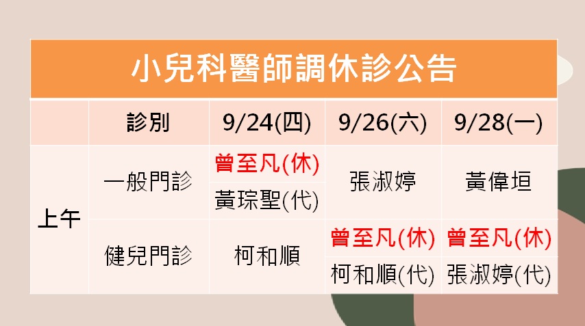 115/09/24(四)~115/09/28(一)小兒科曾至凡醫師調休診公告