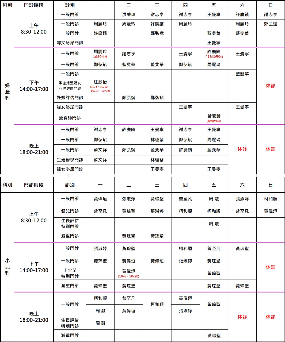 10月門診表