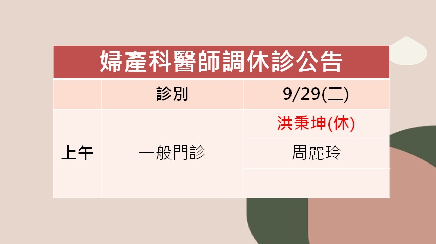 115/09/29(二)婦產科洪秉坤醫師調休診公告